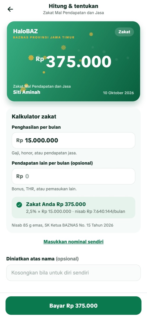 Layar hitung zakat di HaloBAZ
